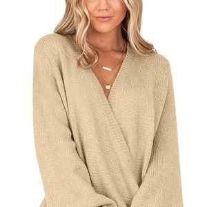 Apricot Lantern Sleeves Surplice Sweater